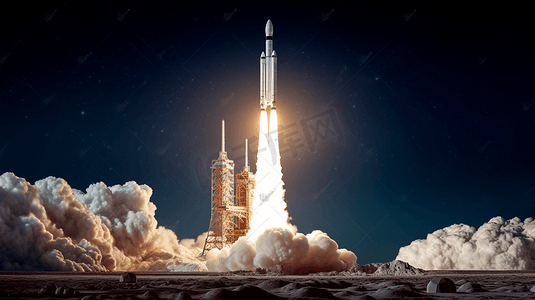 潮流任务摄影照片_火箭成功发射到太空，背景是满月、陨石坑和星星。航天飞机向外太空发射，太空任务概念的开始