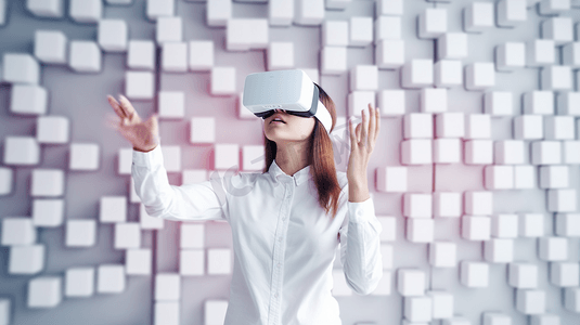 开启未来摄影照片_概念未来创新技术发明年轻的亚洲女性使用VR耳机开启现代体验，享受虚拟世界全浮动立方体学习人工智能或AI的乐趣
