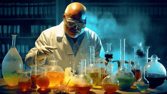 科学家用仪器和科学实验实验室用玻璃器皿盛装化学液体科学研究用化学方程式