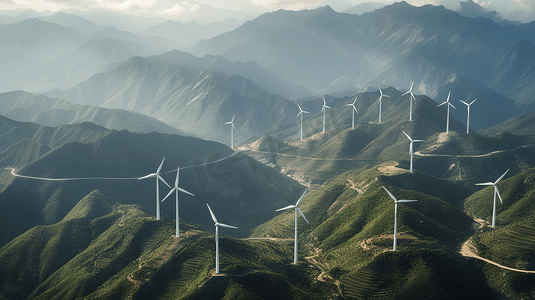高空拍摄摄影照片_中国高山上的风力发电机群高空拍摄 
