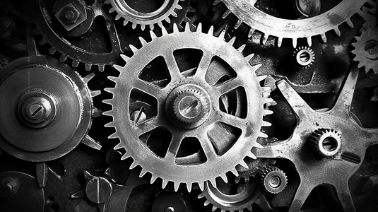 黑色摄影照片_垃圾齿轮齿轮黑色和白色的背景。工业科学钟表技术的概念。
