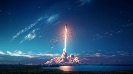 卡通星星特效摄影照片_火箭成功发射到太空，背景是满月、陨石坑和星星。航天飞机向外太空发射，太空任务概念的开始