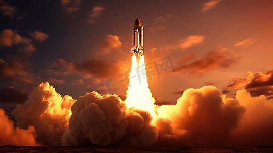 烟雾背景摄影照片_在红色火星日出的背景下，航天飞机火箭成功升空。带着烟雾和爆炸的飞船升入恒星的天空。太空旅行的概念
