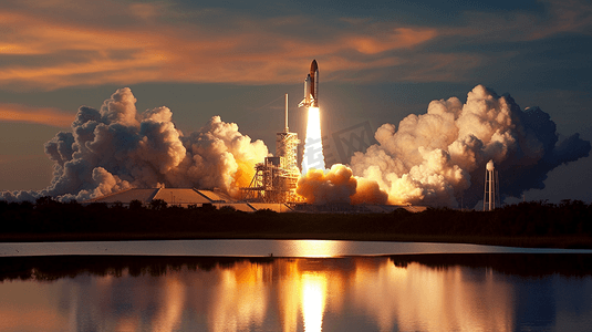 爆炸mg摄影照片_在日出的背景下，航天飞机火箭成功升空。带着烟雾和爆炸的飞船升入恒星的天空