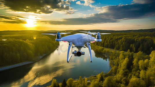 无人机无人机飞行与数码相机。无人机配备高分辨率数码相机。飞行相机拍摄照片和视频。无人机与专业相机拍摄日落/日出的照片。
