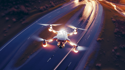 无人机剪影摄影照片_在日出的背景下，四旋翼机的剪影。在夜空中飞行的无人机。
