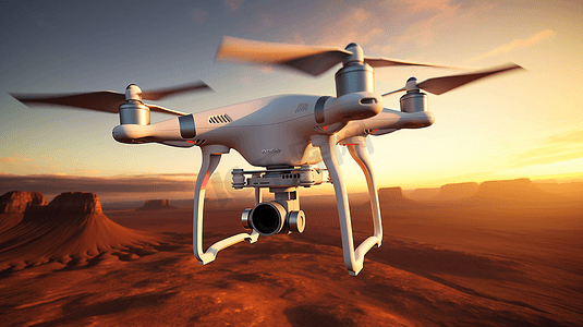 飞机表面摄影照片_图像白色哑光通用设计空中无人机与行动相机飞行天空在地球表面下。无人居住的沙漠山脉日落背景。水平前顶角视图。电影效果。3D渲染
