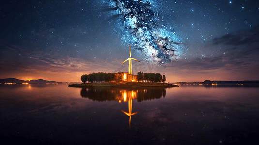鄱阳湖风力发电机站星空下的风车星轨
