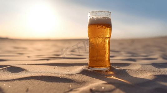 夏日沙滩上摆放的冰镇啤酒