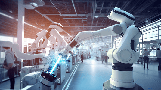虚拟工厂摄影照片_工业4.0机器人概念。工程师们正在使用虚拟增强现实技术来维护和检查4.0智能工厂中人类机器人的工作。
