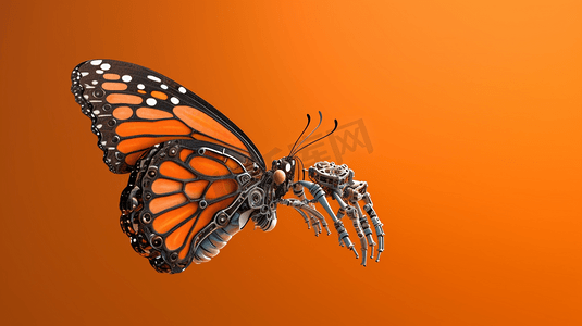 一只橙色蝴蝶是由精细的机器人食指组成的3d渲染