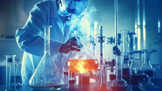 玻璃片效果摄影照片_科学家用仪器和科学实验实验室用玻璃器皿盛装化学液体科学研究用化学方程式