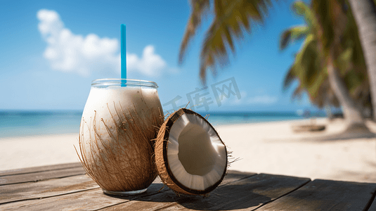 热带海滩上新鲜的椰子汁