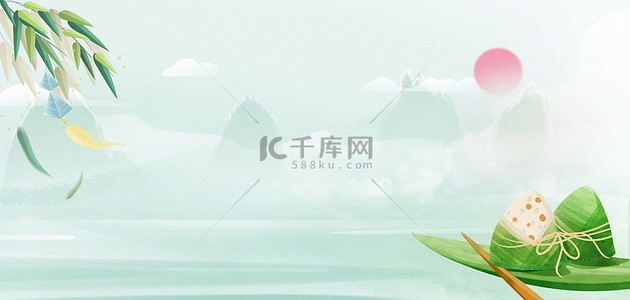 端午节龙舟粽子绿色简约中国风端午海报背景