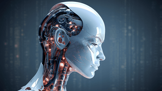 机器人头部的三维图像与图形元素的脸代表了人工智能和机器学习的概念
