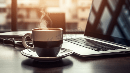 茶壶与咖啡矢量摄影照片_桌面上的咖啡与笔记本电脑等办公工具
