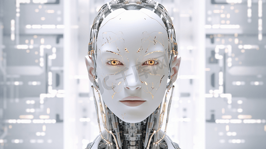 机械科技背景摄影照片_神经网络。深度学习。人工智能概念。机器人的脸和建筑的抽象背景

