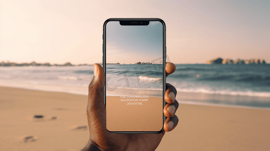 一个男人坐在沙滩上，拿着空白桌面的手机的模拟图像
