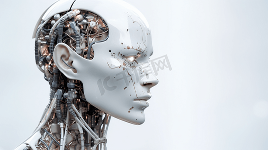 科技机器人脸摄影照片_神经网络。深度学习。人工智能概念。机器人的脸和建筑的抽象背景

