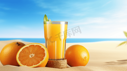 沙滩上摆放着新鲜橙汁水果汁