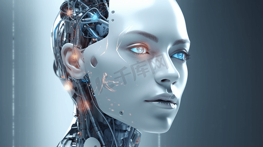 机器人头部的三维图像与图形元素的脸代表了人工智能和机器学习的概念
