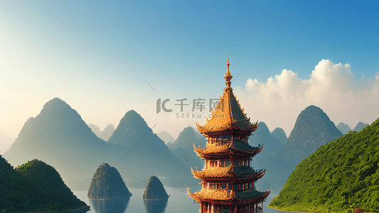 壮丽风景背景图片_山川壮丽湖面建筑风景