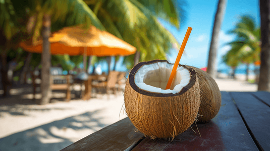 热带海滩上新鲜的椰子汁