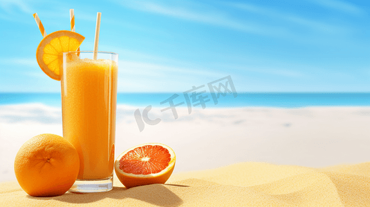 新鲜橙汁水果汁摄影照片_沙滩上摆放着新鲜橙汁水果汁