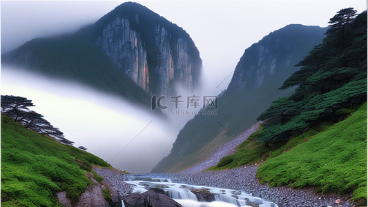 古诗瀑布背景图片_山川壮丽云雾山谷瀑布风景