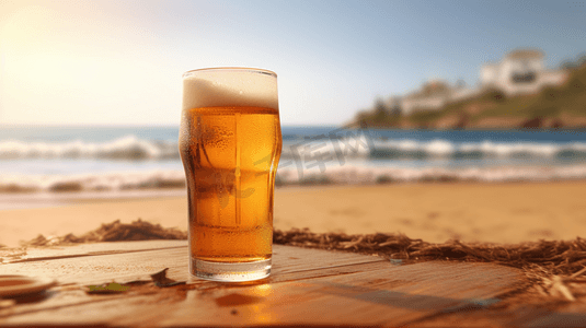 冰镇桃红摄影照片_夏日沙滩上冰镇的啤酒