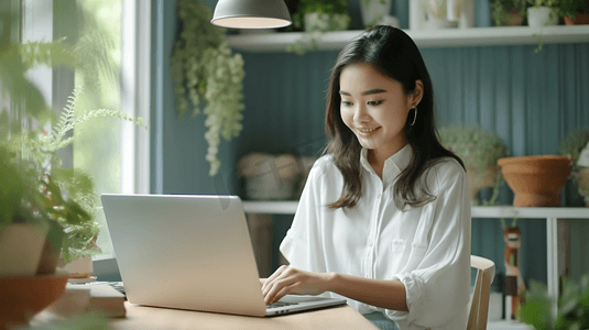 年轻的亚洲女学生在网上上课。

