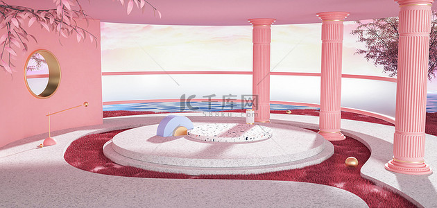 猫粉色背景图片_C4D电商空间粉色清新展台海报