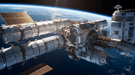 飞行器宇宙摄影照片_外太空的空间站，这张图片的元素由美国宇航局提供的3d渲染
