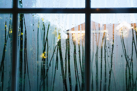 下雨图片摄影照片_透过雨后的窗户看天气转晴阳光别墅