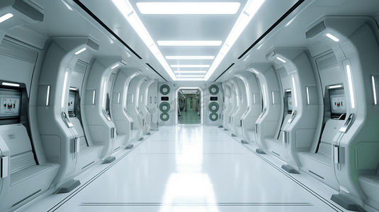 大气科技摄影照片_未来宇宙飞船或空间站里黑暗的大气走廊。科幻概念3D渲染。
