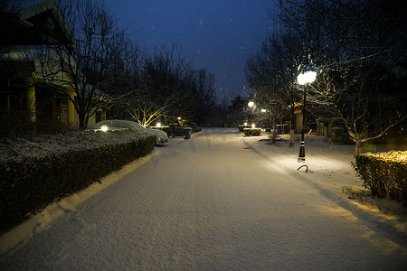 小路夜晚摄影照片_别墅区雪景