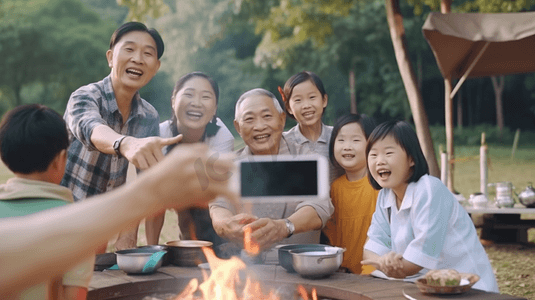 湖边摄影照片_亚洲老人用智能手机给他的家人拍照，他们在湖边旅行和野餐，他们露营，用炉子烧烤，幸福的家庭活动