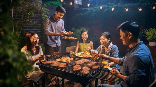 烧烤摄影照片_一群亚洲朋友在家庭花园的晚餐时间露营和烧烤