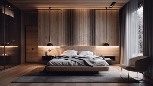 木头台子摄影照片_现代卧室的装饰和家具