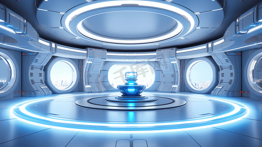 蓝色调ui摄影照片_蓝色的飞船内部，发光的霓虹灯反射在地板上。未来走廊在空间站与圆形背景。三维渲染
