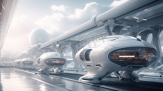 科幻未来科技摄影照片_云上的未来城市站。飞行的未来飞船。未来的概念。3 d渲染。
