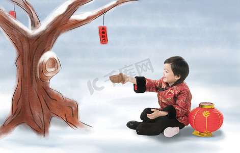 插画树下摄影照片_坐在树下的快乐小男孩