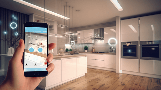 智能家居技术界面手机app增强现实物联网现代厨房室内设计物联网女性手持遥控装置3d
