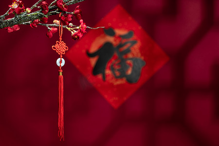 新年红色中国结摄影照片_悬挂在梅花下面的中国结