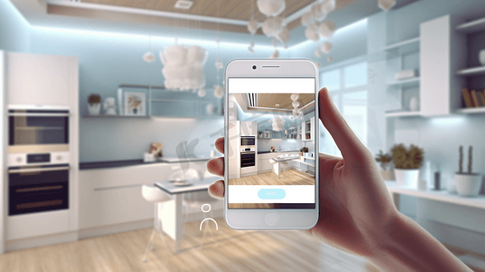 智能家居技术界面手机app增强现实物联网现代厨房室内设计物联网女性手持遥控装置3d