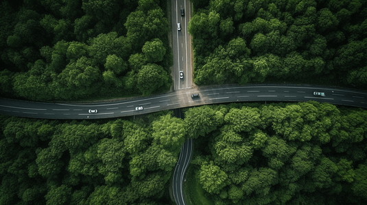 俯视修车摄影照片_航拍树木环绕的高速公路