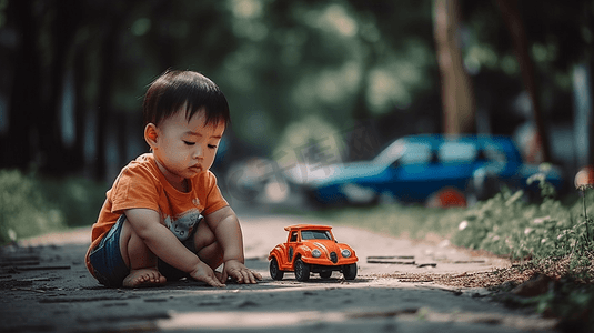 国潮婴儿照摄影照片_可爱的小孩男夏天在公园里玩具车