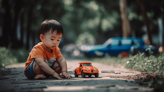 标题框卡通可爱简约摄影照片_可爱的小孩男夏天在公园里玩具车