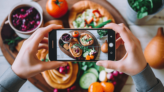 女手拿着手机近距离拍摄食物。美食博主拍摄素食的照片。
