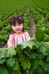 东方儿童在农庄采摘蔬菜